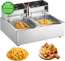 Dual Tank Electric Deep Fryer 3000W 9.1Qt Stainless Steel Countertop w/ Basket