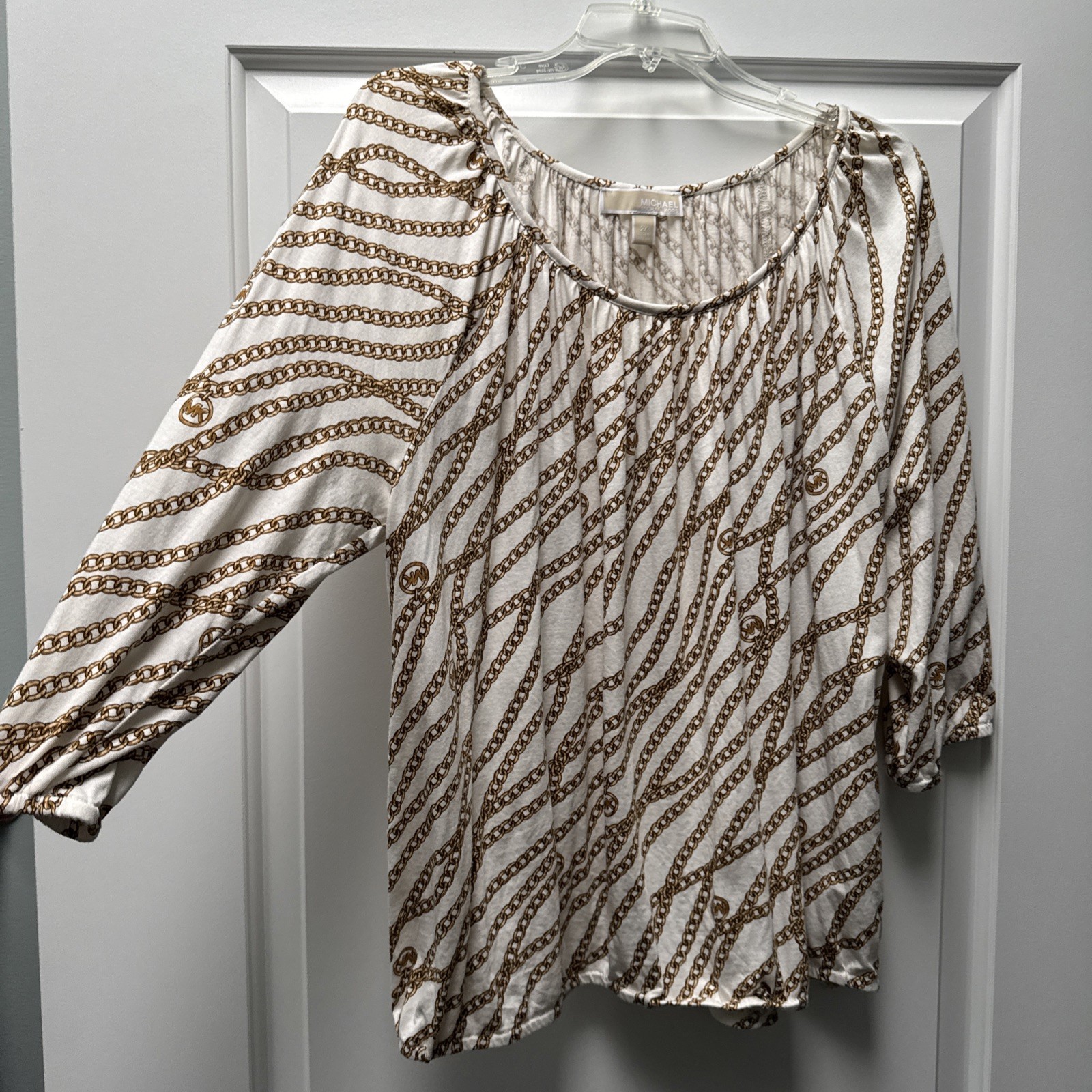MICHAEL KORS Peasant Blouse Women’s Plus 2X Gold Chain Design Elastic Waist/Arms