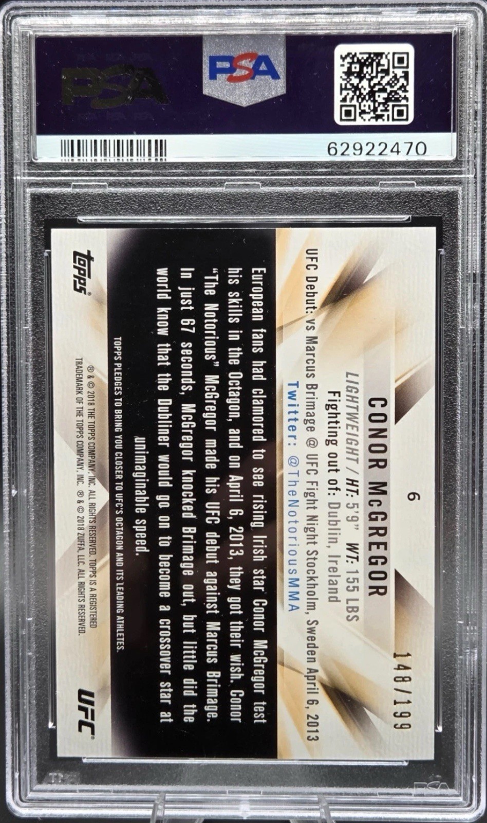2018 Topps UFC Knockout GREEN - CONOR McGREGOR Card /199 PSA 8 view 2