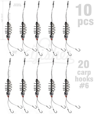 10x Spring Fishing Carp Feeder 20g Karpfenangeln Hook Rig #6 Coarse Bait Tackle