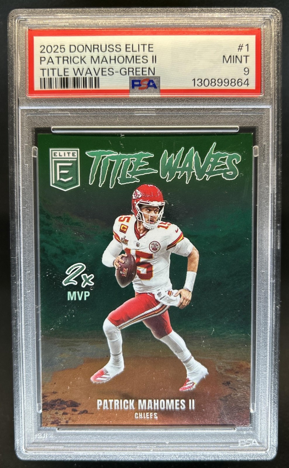 2025 Panini Donruss Elite Patrick Mahomes II Title Waves Green #/799 PSA 9