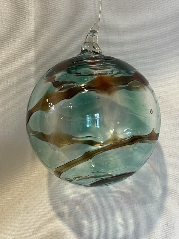 Handblown Glass Christmas Friendship Witches Ball Ornament 3.5" Green Blue Brown