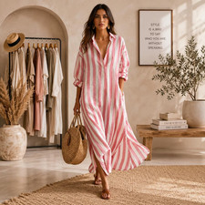Striped Linen Kaftan Dress, Oversized Beach Cover-Up, Loose Resort Wear, Casual