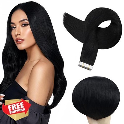 HuxoWax #1 16'' Jet Black Tape In Human Hair Extensions 10pk 40g