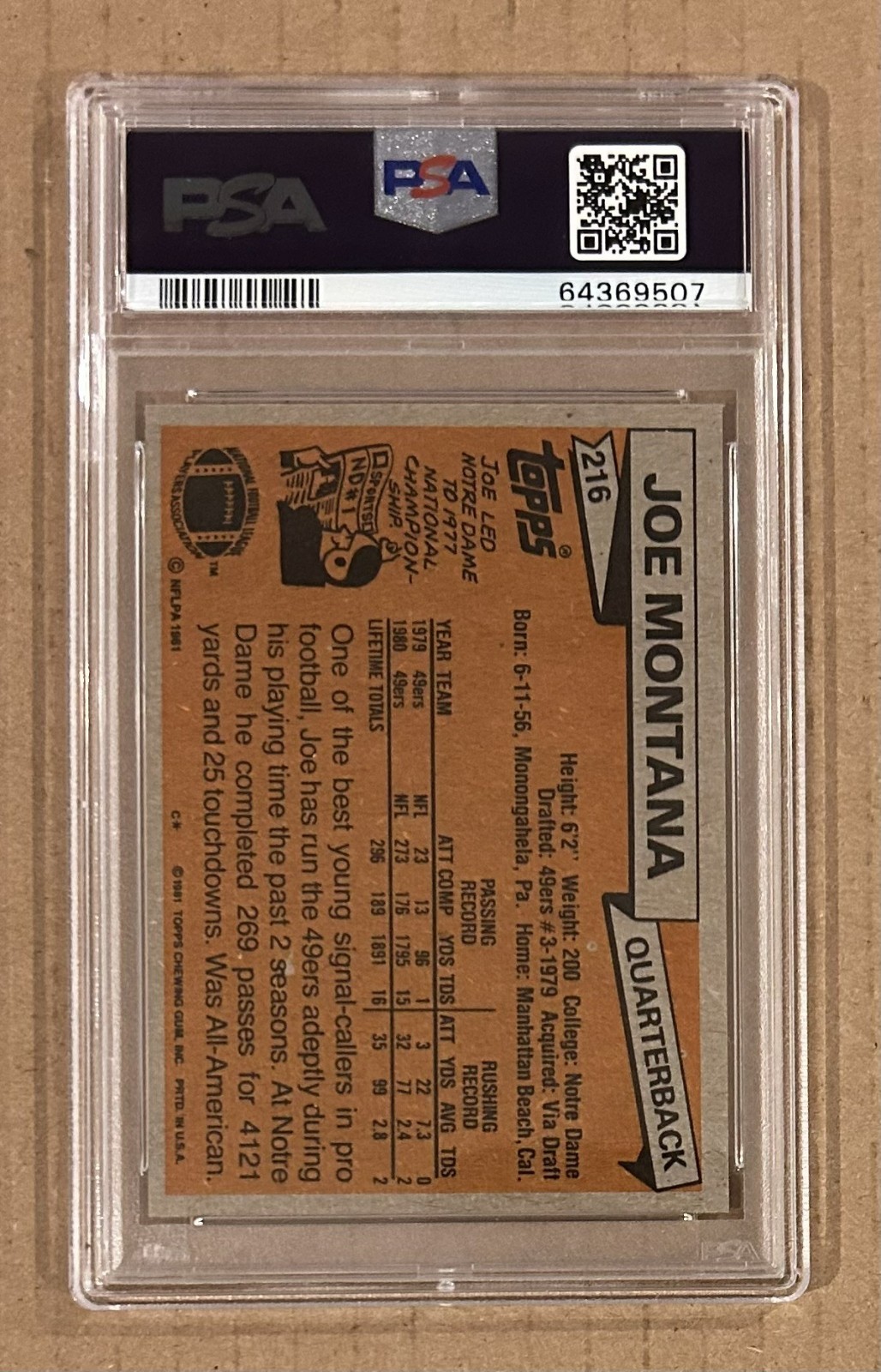 1981 Topps #216 JOE MONTANA PSA 7 Football ROOKIE RC 49ers/Chiefs HOF view 2