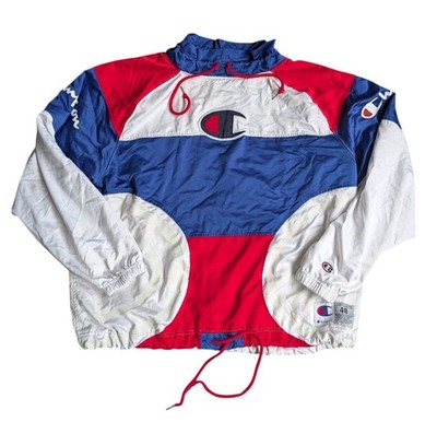 Champion Spellout Pullover Warm Up Sweater XL Rot Weiß Blau Logo Gratis Versand 