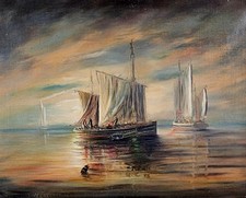 Thomas Westcott Oil Painting c1910 Fishing Barges at Sunrise off Ipswich Suffolk