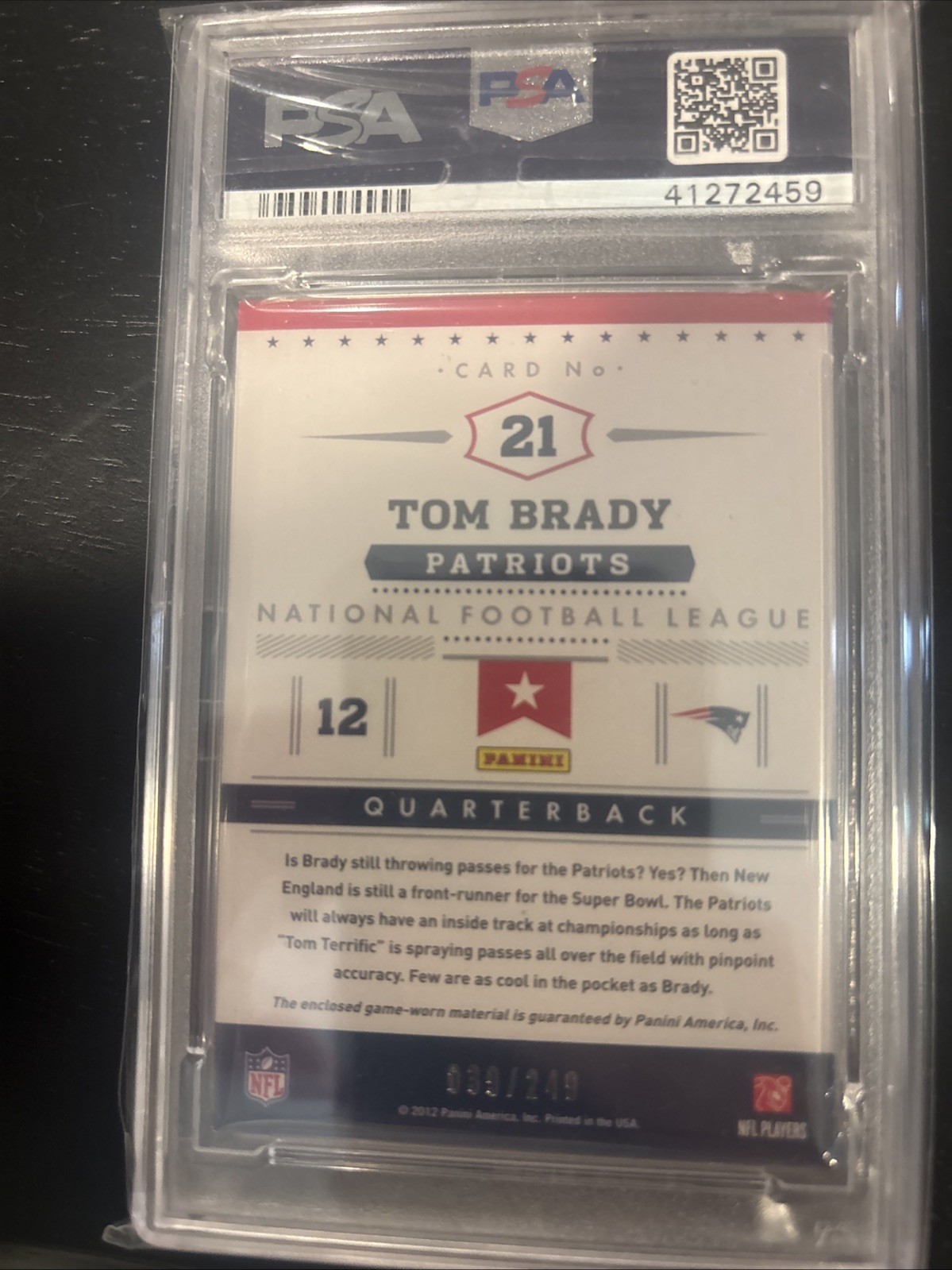 Tom Brady game used Jersey Patch. PSA 7.5 view 3