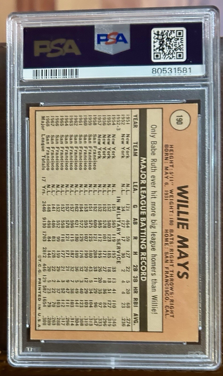 1969 Topps #190 Willie Mays PSA EX/MT 6 *Giants* *Sharp 6!* view 2