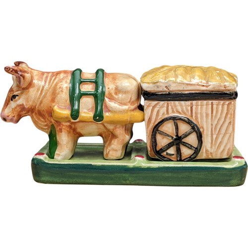 Bull Cow Salt Pepper Shaker Set Stand Ox Cart Pioneer Mose Co NY Japan Vtg - Picture 2 of 22