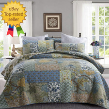 California King Quilt Set - Bohemian Farmhouse Patchwork Floral Pattern, Reversi
