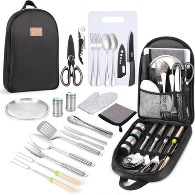27PC Portable Camping Kitchen Utensil Set, Outdoor Cookware Kit, Stainless Steel