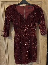 Boohoo Burgundy Sequin Mini Dress, V-Neck, 3/4 Sleeve, Size UK 8