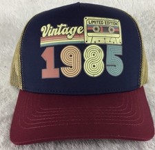Vintage 1985 Limited Edition Trucker Hat Navy Red Gold Adjustable Baseball Cap