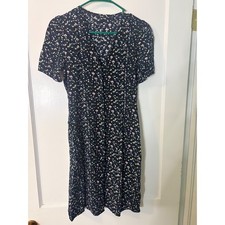 Uniqlo Womens Navy Blue Floral Button Front Short Sleeve Midi Dress Size S