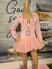 Womens Pink Solid Ballroom Dance Dress Long Sleeve Rhinestone Tulle Skirt