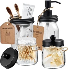 Amolliar Mason Jar Bathroom Accessories Set 4 Pcs -Lotion Soap Dispenser & 2 Cot