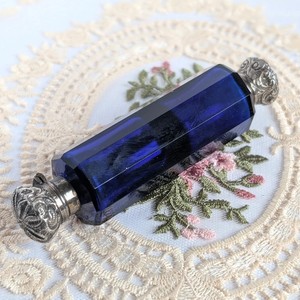 Antique Sterling Silver Cobolt Blue Glass Double Ended Scent Bottle Perfume