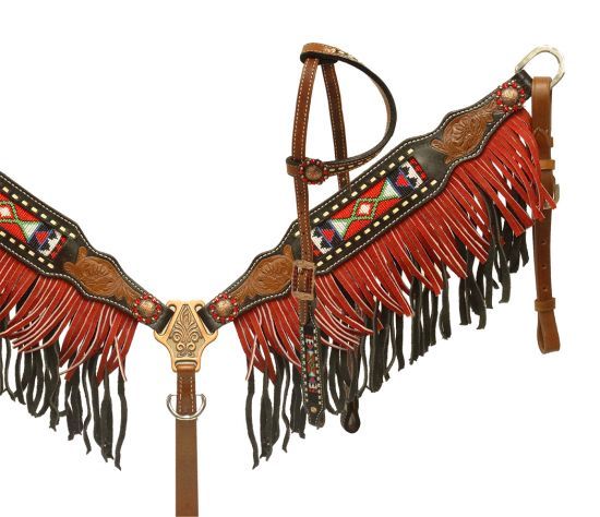 Showman Navajo con cuentas medianas y franja de tono de Cuero Negro 2 breastcollar riendas Set Showman Navajo con cuentas medianas y franja de tono de Cuero Negro 2 breastcollar riendas Set