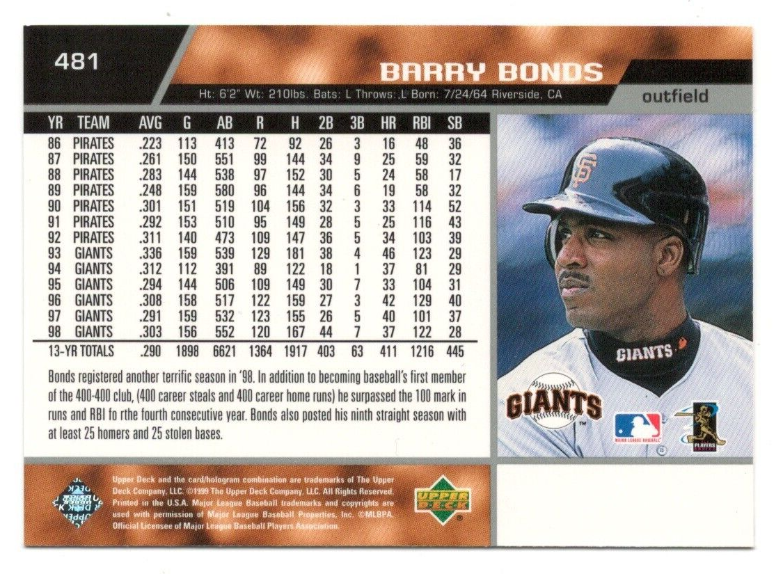Barry Bonds 1999 Upper Deck #481 Baseball Card | eBay