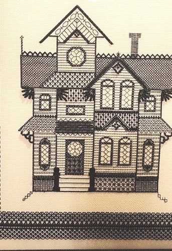 Framed Bead Cross Stitch Completed 17x19: Black & White Victorian House - Picture 9 of 24
