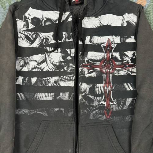 Vintage Y2K MMA Elite Hoodie Sherpa Lined Zip Up Jacket Skull Cross Faded Small - Picture 2 of 11