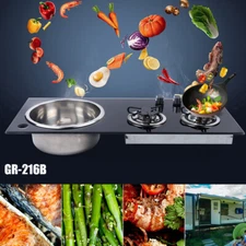 Boat Caravan RV Camper Gas Stove Hob 2 Burner LPG Sink Combo Cooktop w/Glass Lid