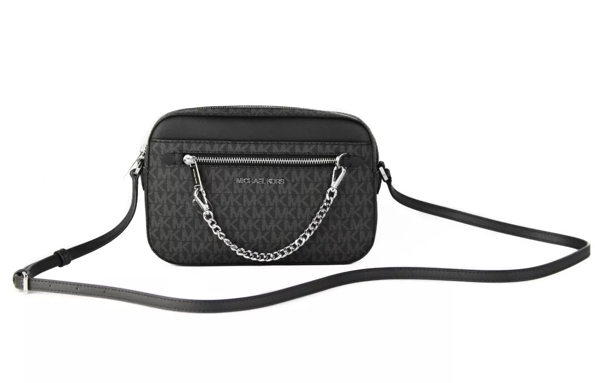 MICHAEL KORS JET SET LARGE ZIP CHAIN CROSSBODY BAG BLACK MK LOGO 