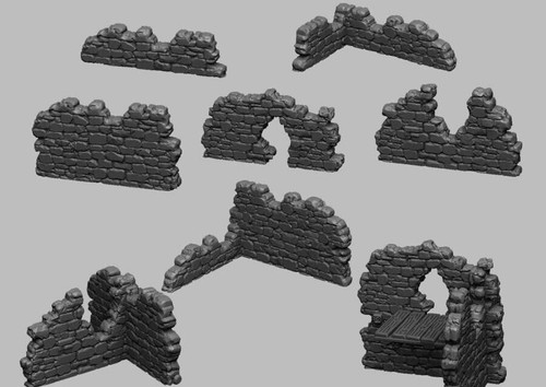 3D Printed Dark Realms Wall Ruin 8 Piece Set (28mm-32mm Scale)