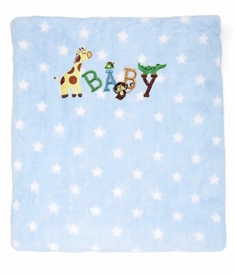 New Baby Boy Plush Blanket Blue Stars Embroidered Giraffe Monkey Turtle Soft