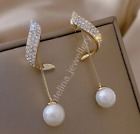 Push Earrings 14K Yellow Gold Plated Pearl of 2.00Ct Round Cut Dangle Women's