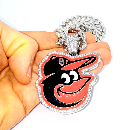 BALTIMORE ORIOLES GEM NECKLACE Silver Bling Hip Hop Baseball Pendant & 20" Chain - Picture 2 of 4