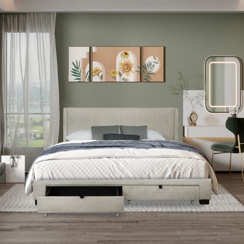 Corduroy Velvet Queen Bed with Storage, No Box Spring Needed - Beige