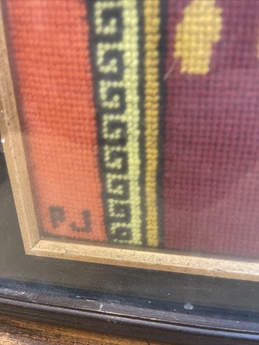 Vintage Red Aztec Mayan Needlepoint Finished Framed Piece Signed JP Square - Picture 8 of 10