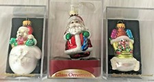 3 Individually Boxed Blown Glass Ornaments Santa Bear  Snowman 3" Long New