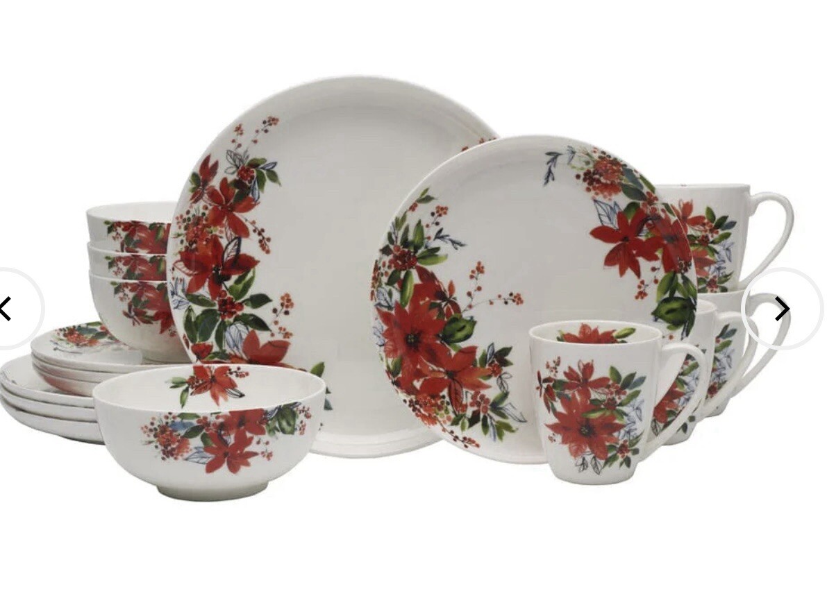 New Mikasa Winter Poinsettia 16 Piece Dinnerware Set Bone China