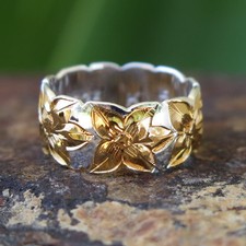 Hawaiian Silver Gold Plated Plumeria Flower Cut Out Wedding Ring Band 8mm SR1305