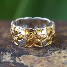 Hawaiian Silver Gold Plated Plumeria Flower Cut Out Wedding Ring Band 8mm SR1305