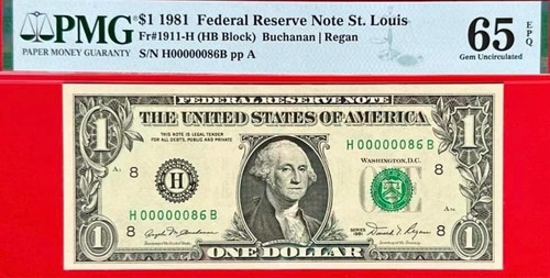 US 1$ 1981 Low 2 digit serial number 00000086 PMG 65 EPQ - 第 1/2 張圖片