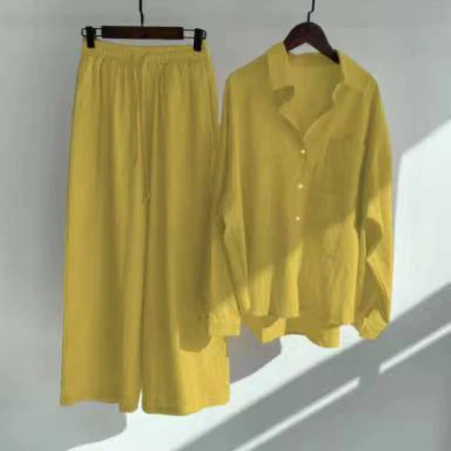 Women Lady Summer Solid Color Cotton Linen Suit Lapel Long Sleeve Top Leg Pants - Bild 35 von 42