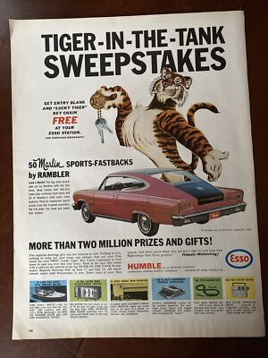 Esso Tiger in the Tank Sweepstakes 1965 Ad with Rambler Marlin Sports Fastback