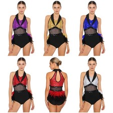 Womens Leotard Sleeveless Jumpsuit Rumba Bodysuit Stage Dance Performance Shiny