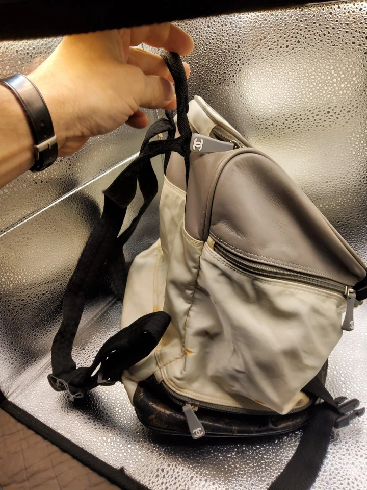 Chanel white nylon black&gray spott line backpack.v8ntage,old,very used.As is - Image 3 of 4