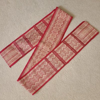 Vtg Thai Silk Textile Runner Panel Handwoven Red Gold Tribal 6.5'' Wide 2 1/3 Yds