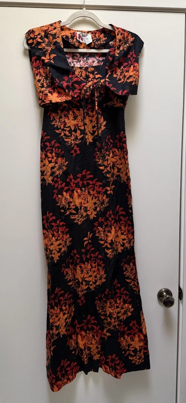 Vintage Holo-Holo Hawaiian Black Floral Maxi Dress W/ Cover Up Size 6