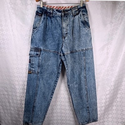 Vintage Bugle Boy Toxic Alert Acid Wash Cargo Jeans Mens 32x30 Blue 90s Pleated