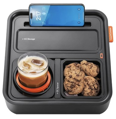 Couch Console - Drinks & Snacks Sofa Caddy - Tray Couch Storage (Black/Orange)