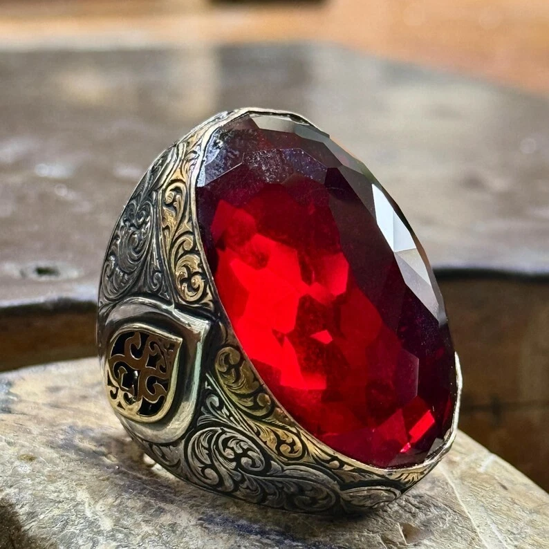 Anillo de circón rojo estilo otomano rubí grande hecho a mano para hombre Foto 4 de 4