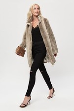 Dorothy Perkins Faux Fur Coat Midi Longline Jacket Cream Brown Occasion UK 12