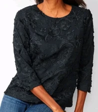 NWT Talbots Black Floral Embroidered Cotton Shirt Women's 12 Top 3/4 Sleeve